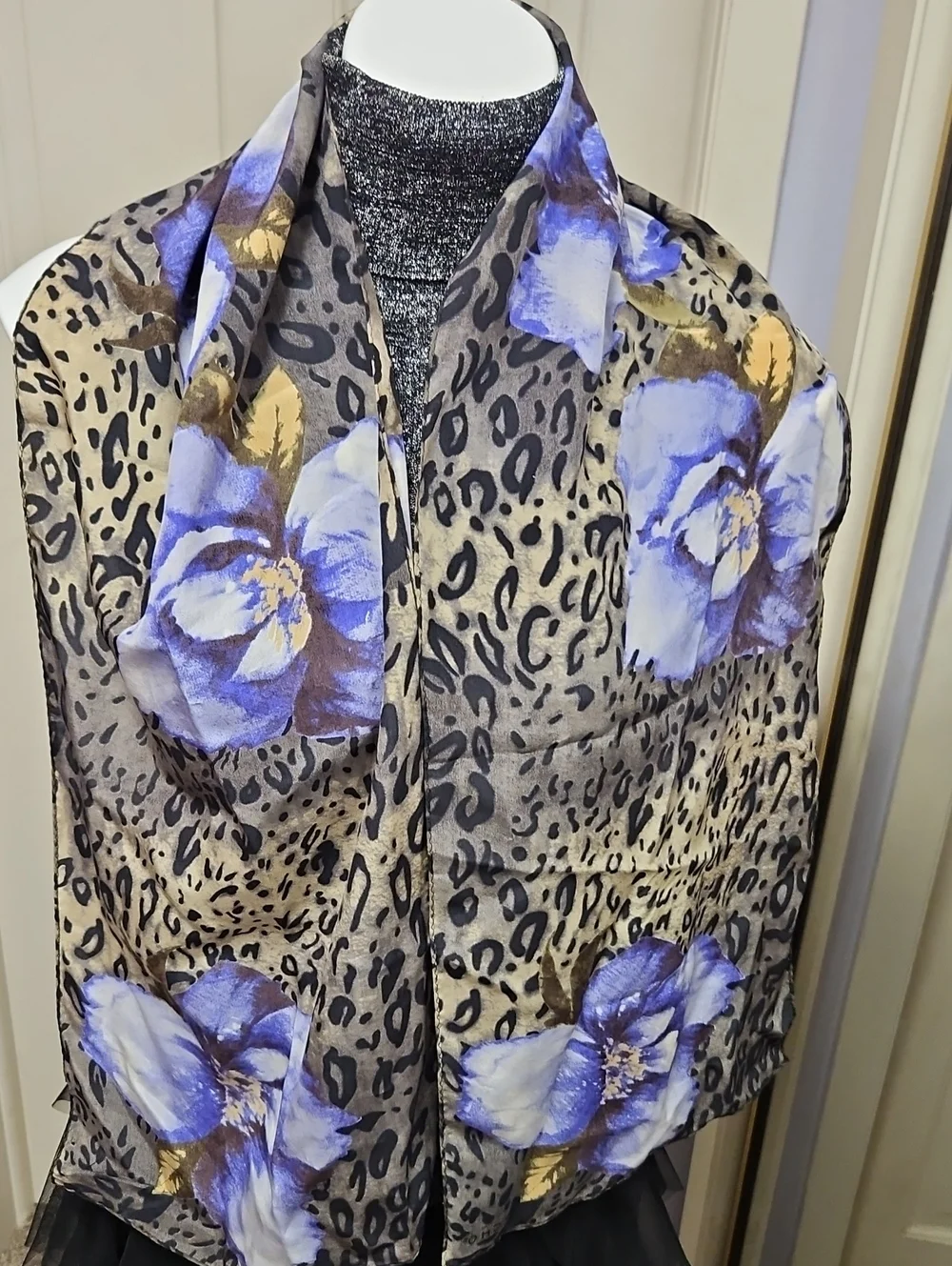 Floral Leopard Print Lightweight Scarf Jacket - Blue/Tan